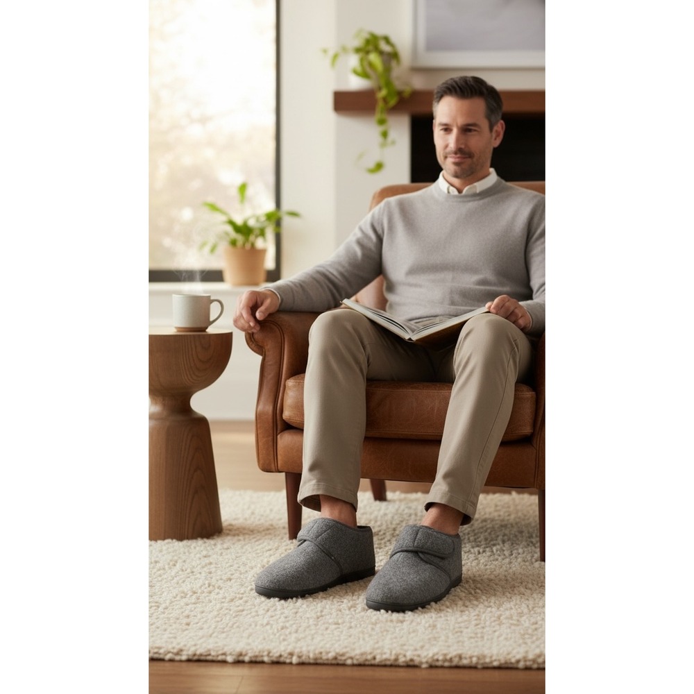 KingSize Mens Grey Felt Adjustable Strap Slippers Indoor‎ Outdoor Shoes 15W